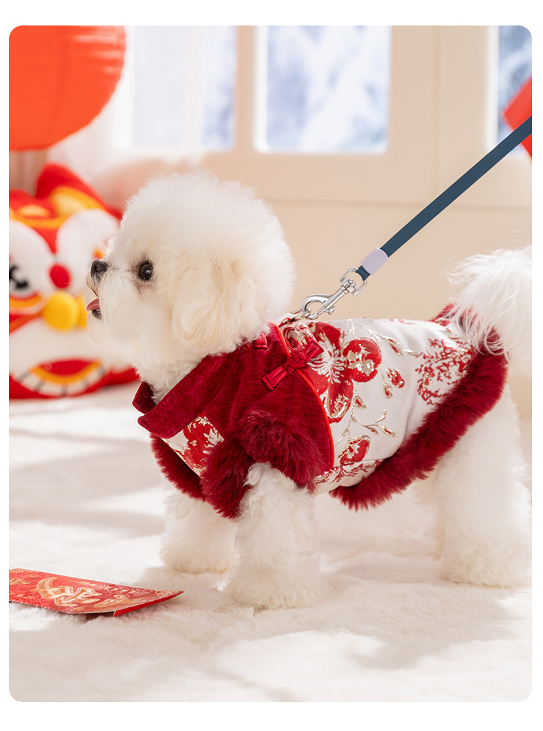犬服 華やか刺繍入りファー付き旧正月祝い犬用ワンピース