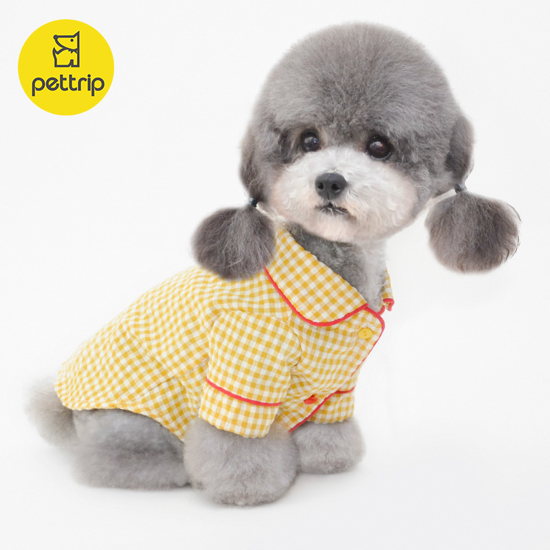 犬服 爽やかギンガムチェック柄襟付き犬用パジャマ