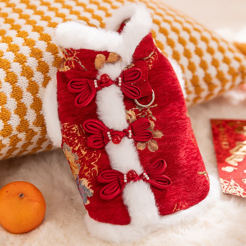犬服 華やか刺繍入りファー付き旧正月祝い犬用ワンピース