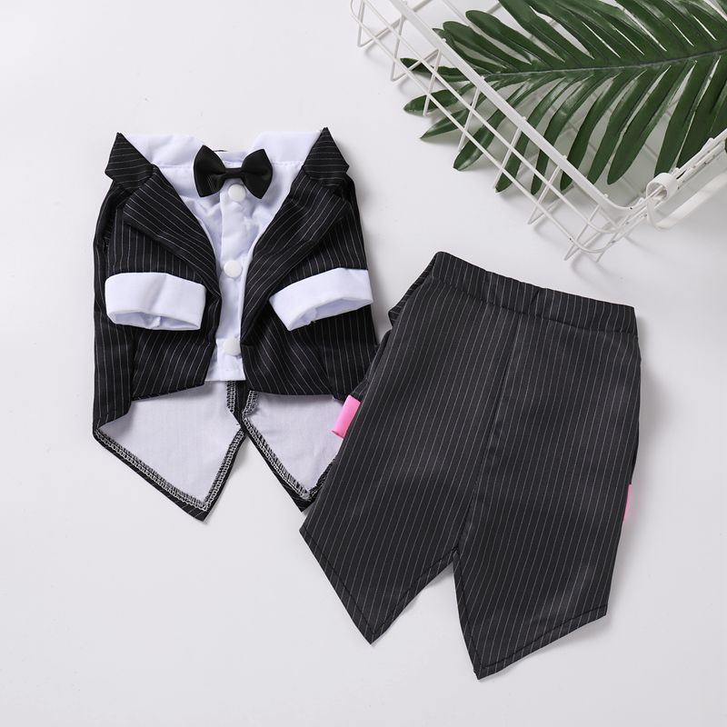 犬服 蝶ネクタイ付き紳士風ピンストライプ燕尾服