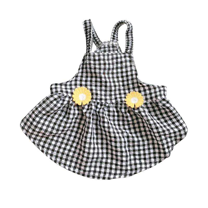 犬服 ギンガムチェック柄フラワー刺繍袖付きワンピース