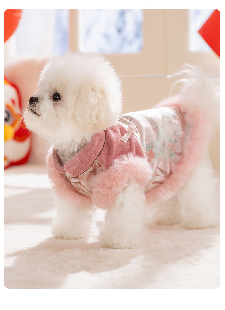 犬服 華やか刺繍入りファー付き旧正月祝い犬用ワンピース