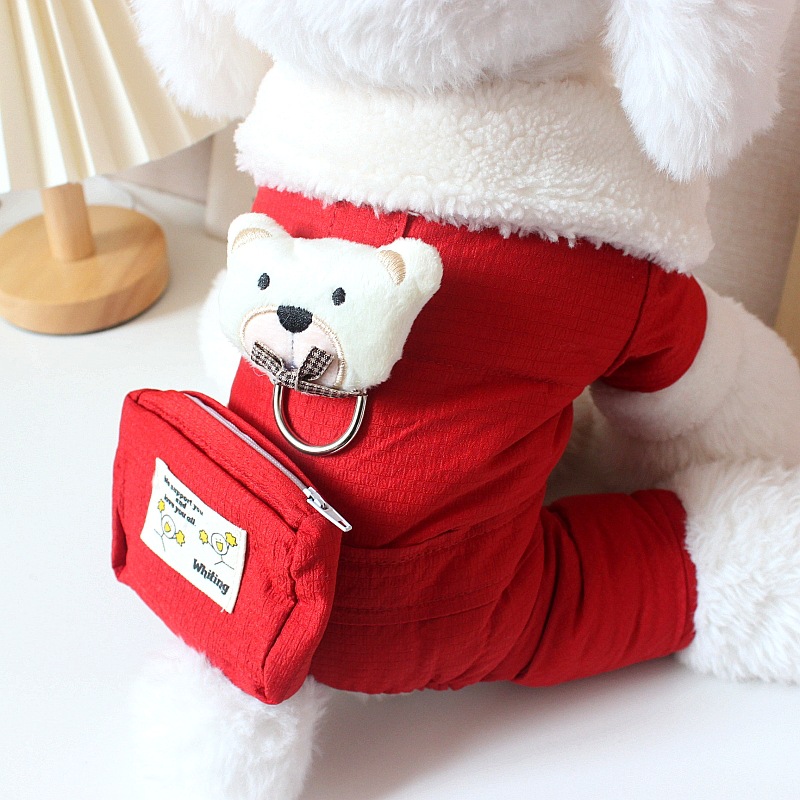 犬服 もこもこ襟ぐまさんワンポイント裏起毛つなぎ