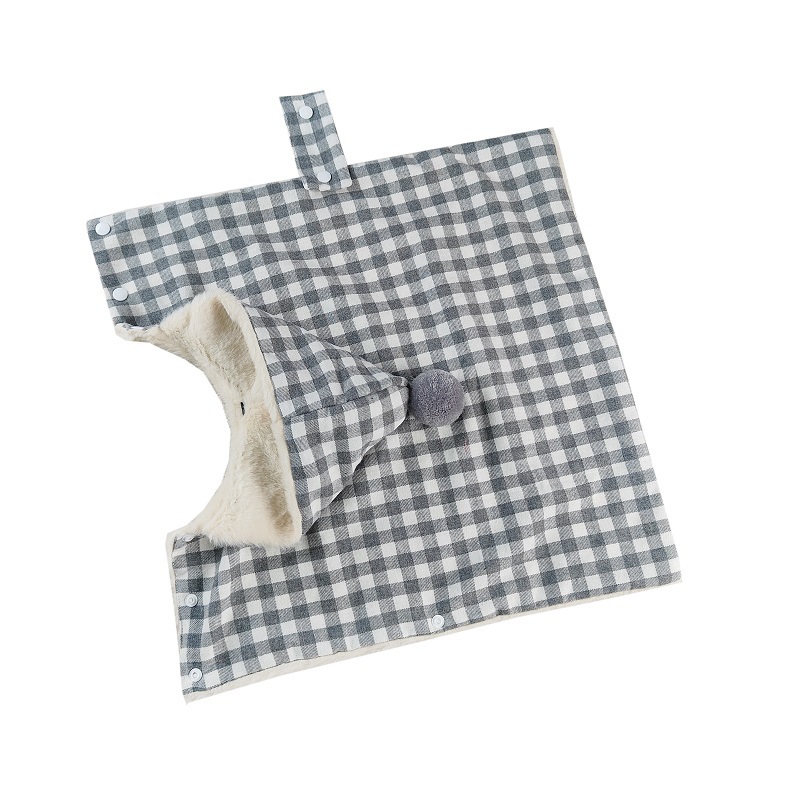 犬服 チェック柄ボンボン付きもこもこ裏地パーカー