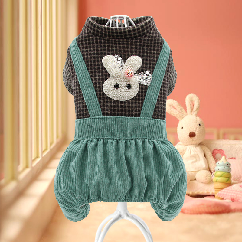 犬服 うさぎ刺繍付きチェック柄コーデュロイつなぎ