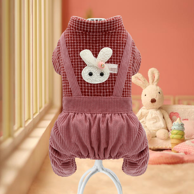 犬服 うさぎ刺繍付きチェック柄コーデュロイつなぎ