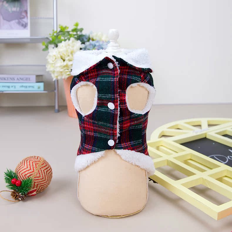 犬服 トナカイ飾り付き格子柄キルティングダウンベスト