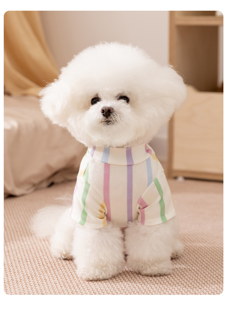 犬服 虹色ストライプ柄子犬プリント裏毛トレーナー