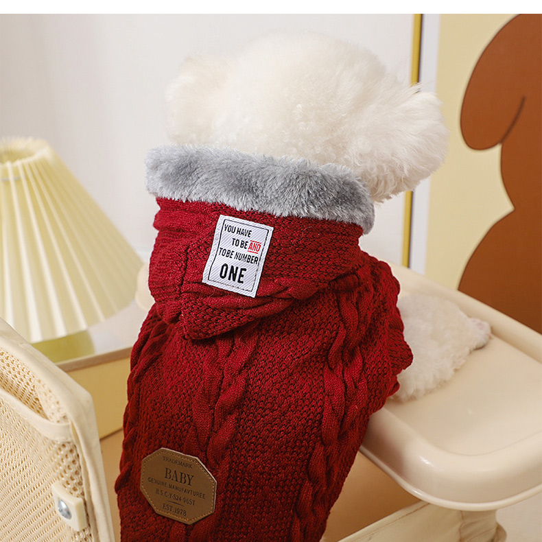 犬服 縄編み模様のもこもこボア襟ニットウェア