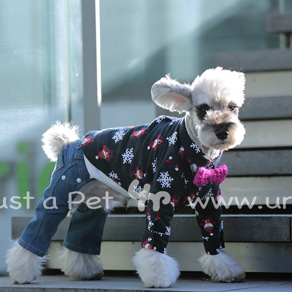 犬服 雪だるま柄襟付き四足パジャマ