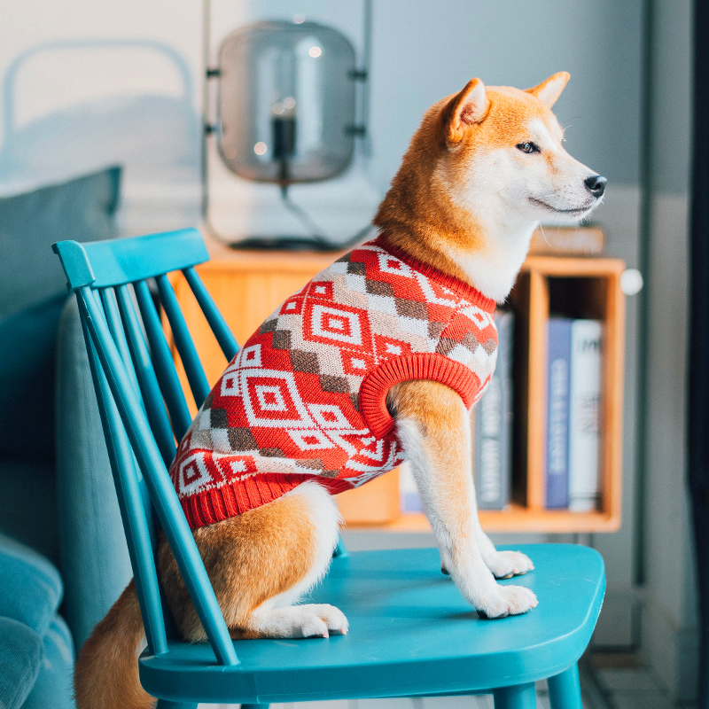 犬服 北欧風幾何学模様のあたたかニットセーター