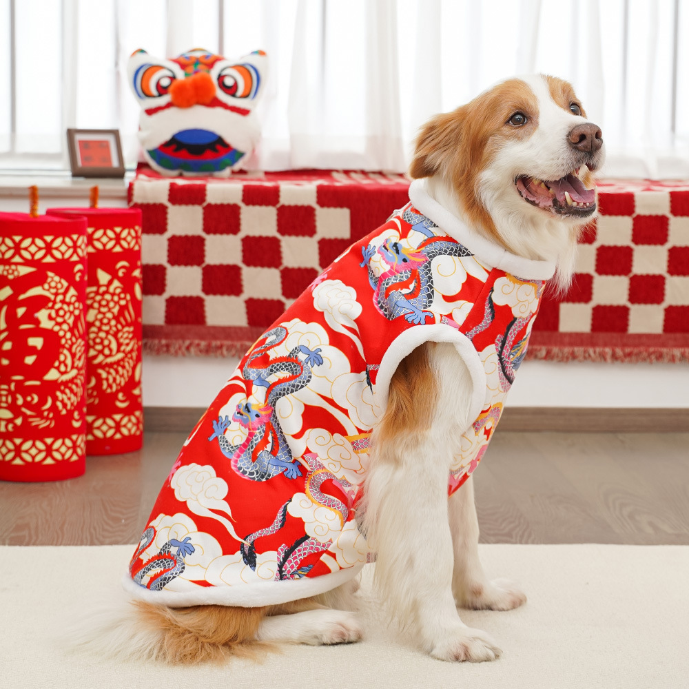 犬服 龍と牡丹刺繍の中華風裏起毛トレーナー