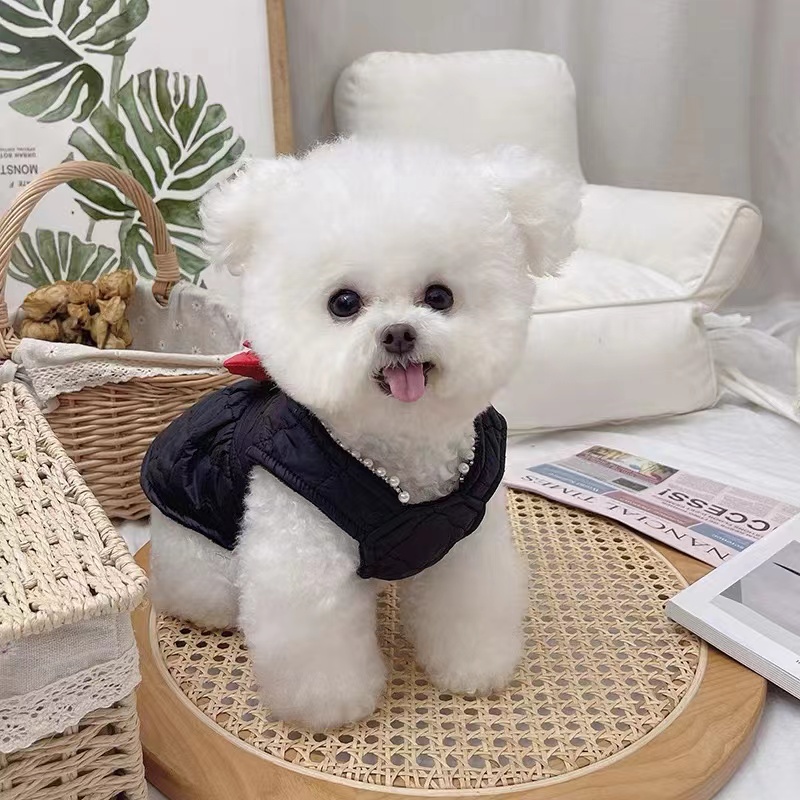 犬服 キルティング素材の大きなリボン付き上品ワンピース