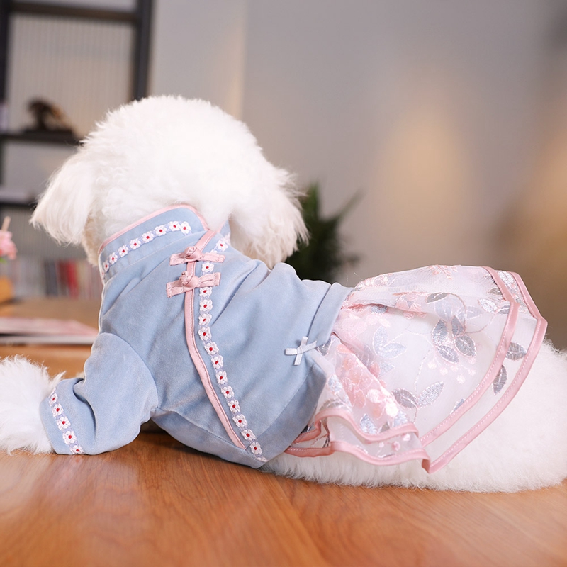 犬服 花刺繍リボン付き切替ワンピース