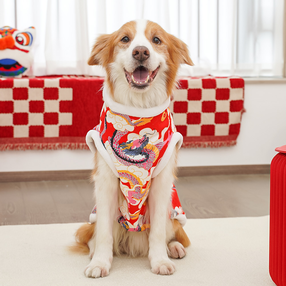 犬服 龍と牡丹刺繍の中華風裏起毛トレーナー