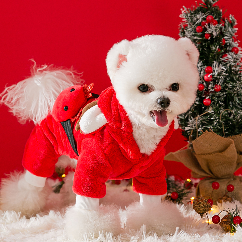犬服 天使の羽根付き馴鹿変身もこもこつなぎ