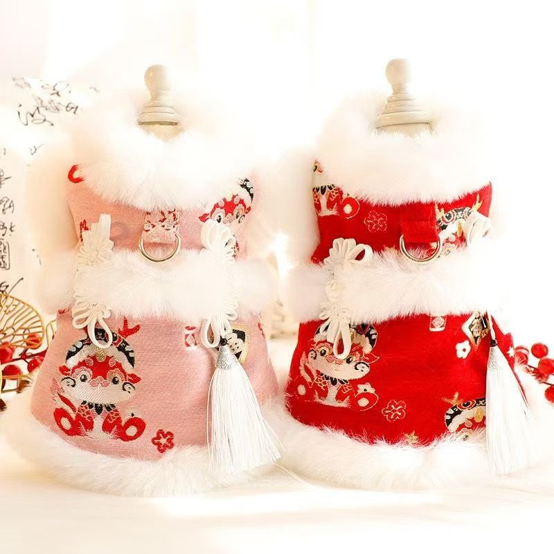 犬服 獅子舞刺繍入り和風ファー付きワンピース