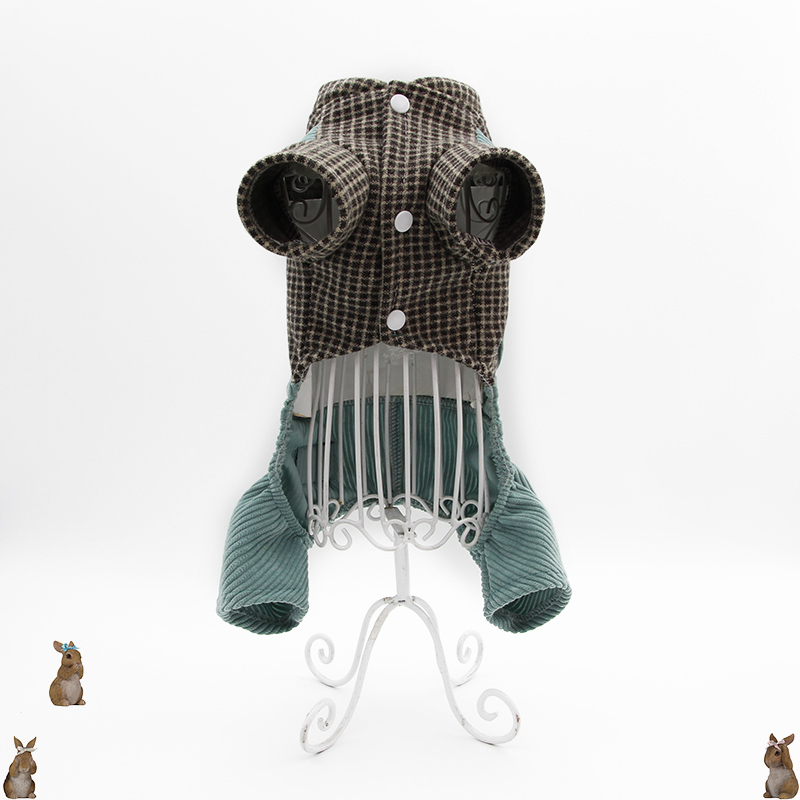 犬服 うさぎ刺繍付きチェック柄コーデュロイつなぎ