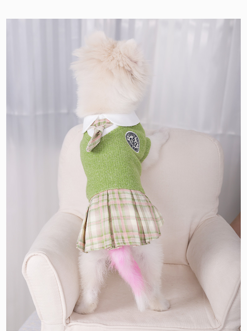 犬服 上品襟付きニットワンピース格子柄スカート