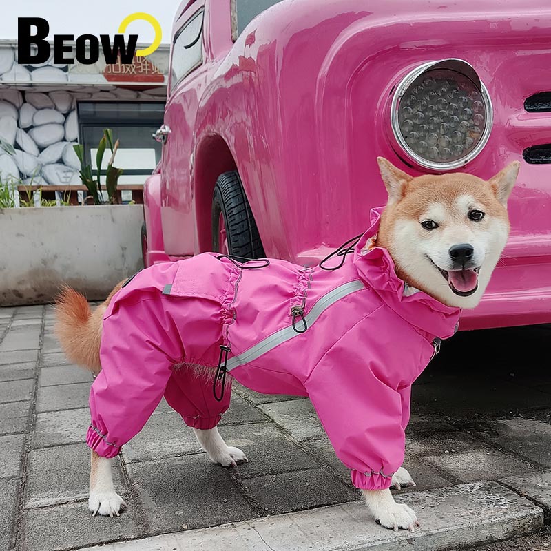 犬服 反射テープ付き四足つなぎ防水犬服レインコート