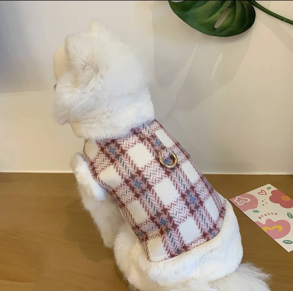 犬服 ツイード調もこもこファー付き上品コート