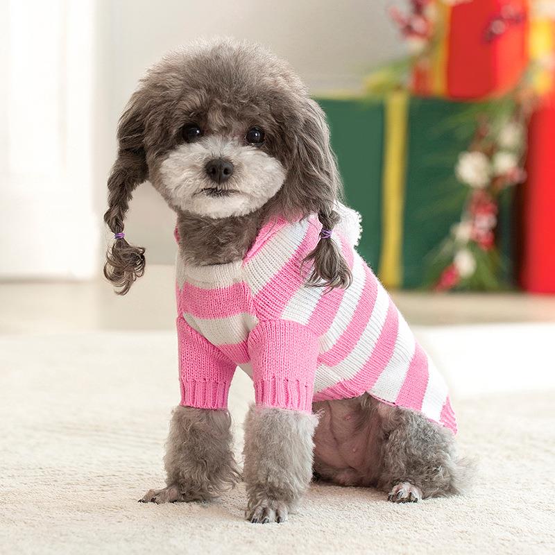 犬服 ふわもこポンポン付きボーダーニット