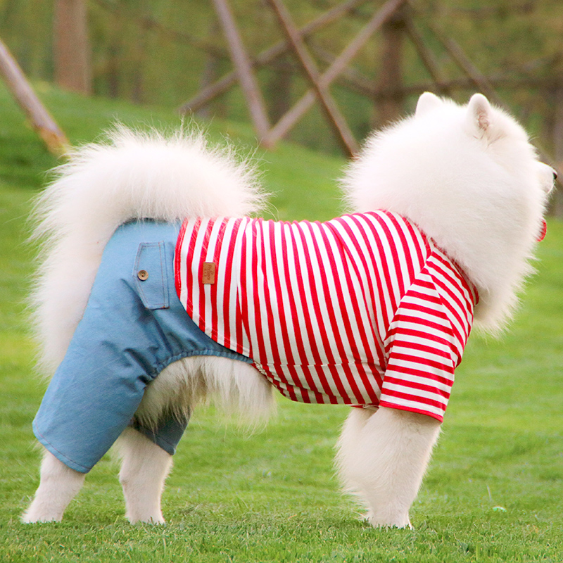 犬服 大型犬用縦縞模様と胸当て付きつなぎ服