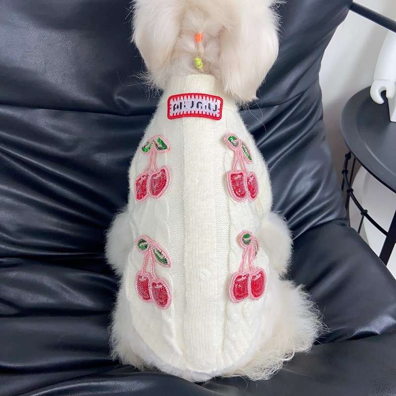 犬服 さくらんぼ刺繍ニットワンピース