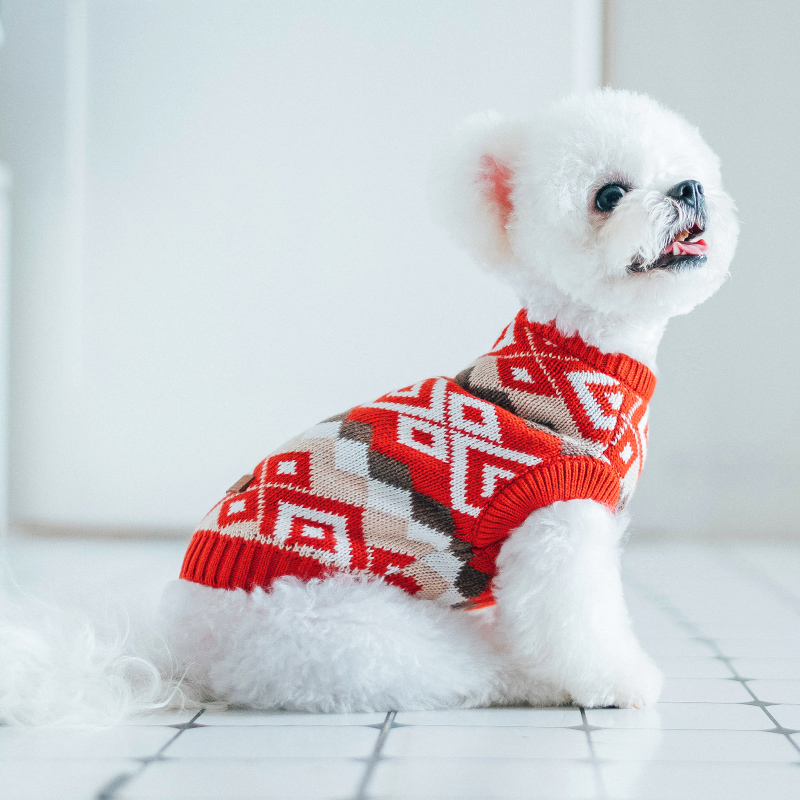 犬服 北欧風幾何学模様のあたたかニットセーター