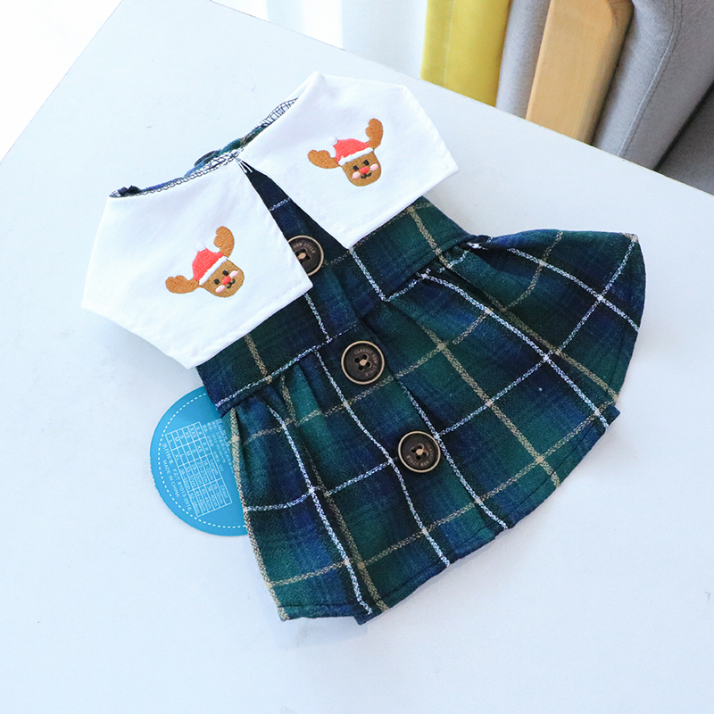 小熊刺繍入りチェック柄ワンピース風犬服