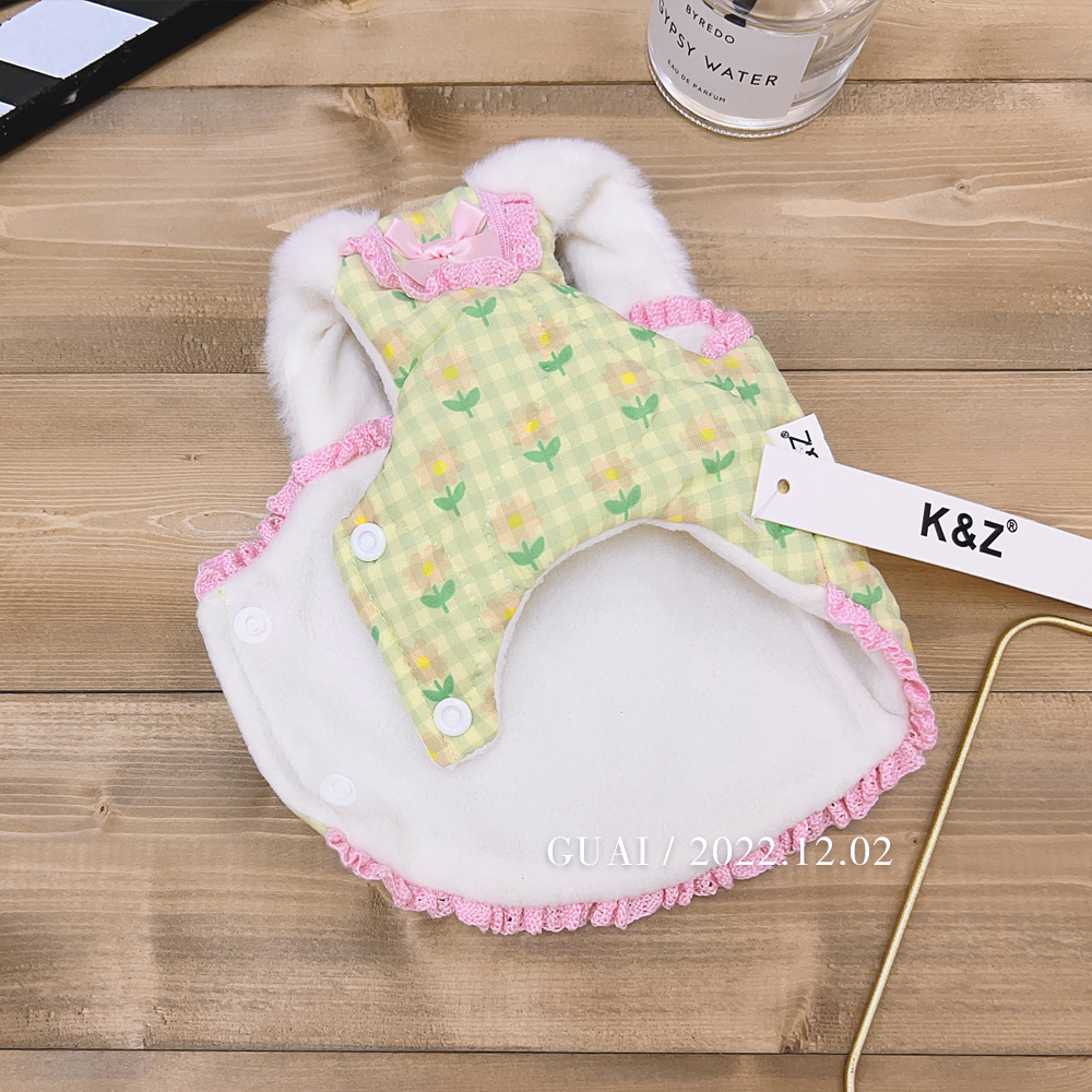 犬服 小花柄ギンガムチェックふわふわファー襟ワンピース