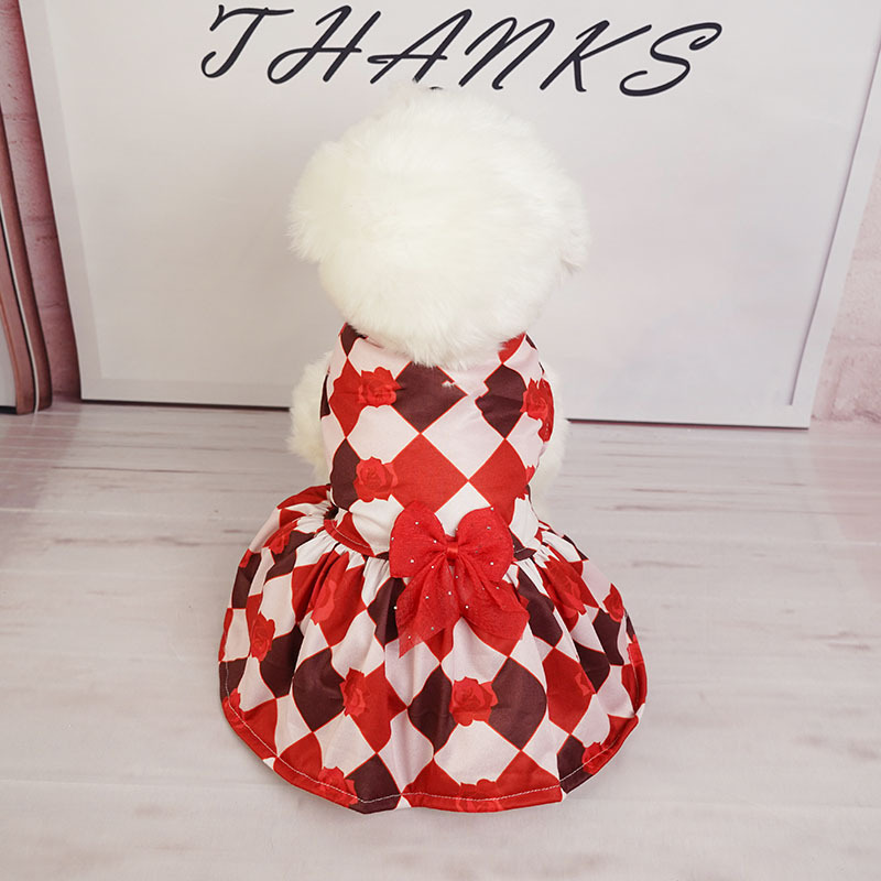 犬服 薔薇とリボンのアーガイル柄姫様ワンピース