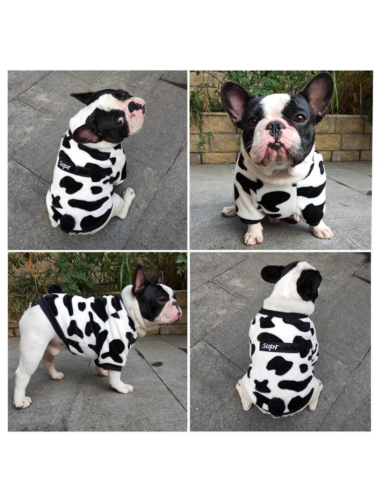 犬服 牛柄もこもこフード付き全身犬服アウター