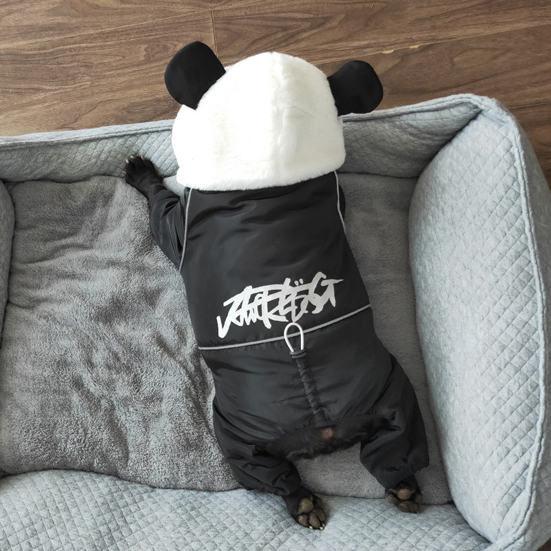 犬服 もこもこパンダ耳付き裏ボア中綿入りつなぎアウター