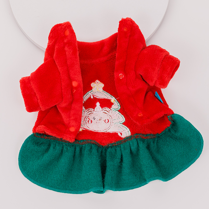 犬服 聖夜の熊さん刺繍ふわふわファー切替ワンピース