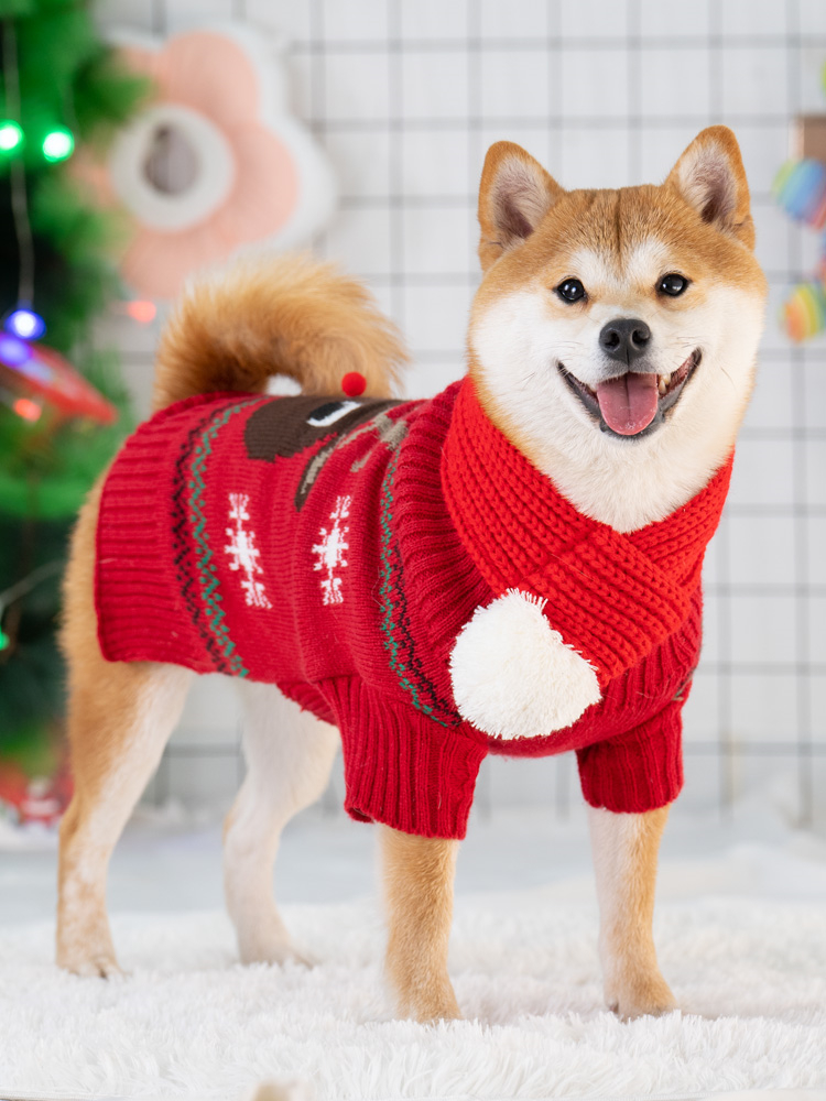犬服 雪の結晶と駿鹿の顔柄冬季暖かニット犬服