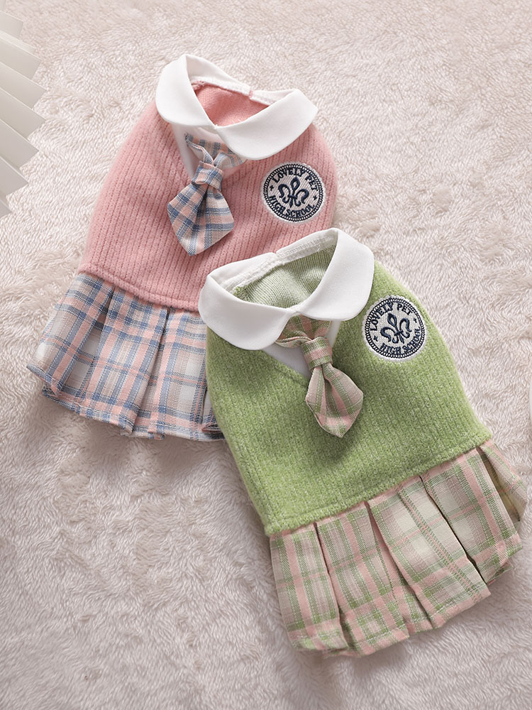 犬服 上品襟付きニットワンピース格子柄スカート