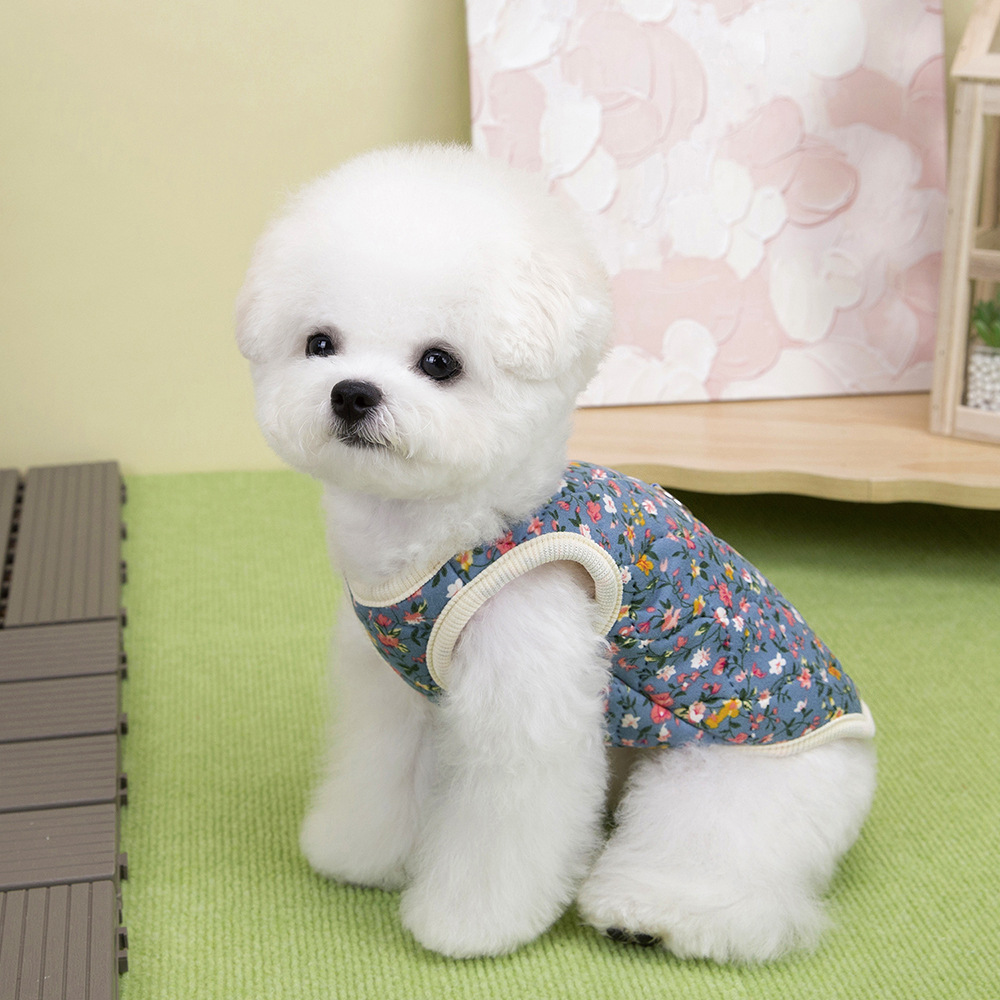 犬服 小花柄ボア裏地付き中綿入りベスト