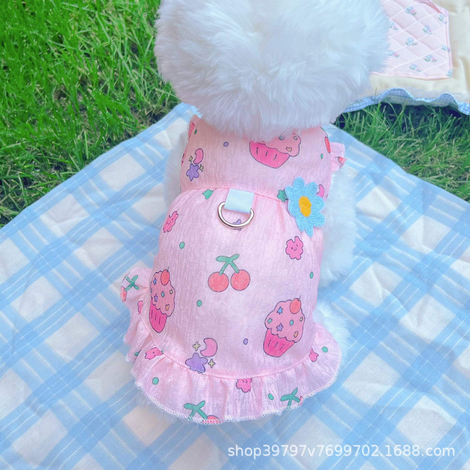 犬服 お花とうさぎの涼やかワンピース