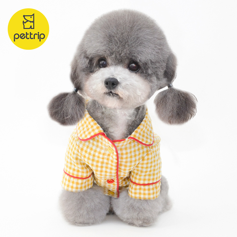 犬服 爽やかギンガムチェック柄襟付き犬用パジャマ