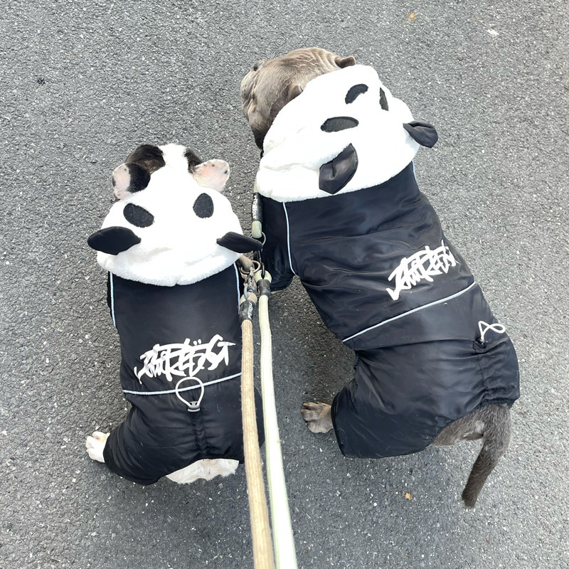 犬服 もこもこパンダ耳付き裏ボア中綿入りつなぎアウター