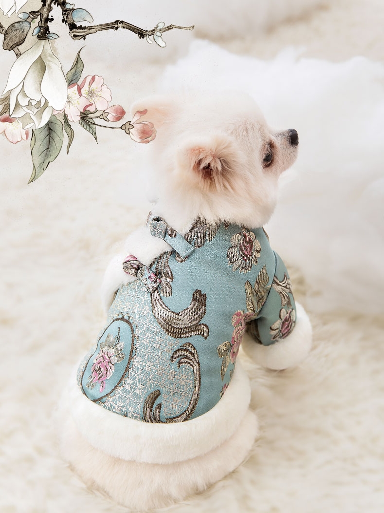 犬服 宮廷風ジャガード刺繍入りファー付き犬用ベスト