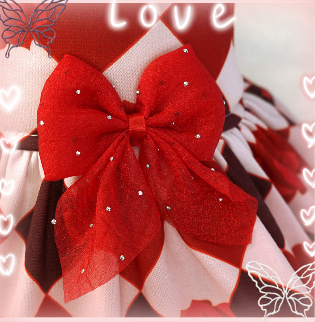 犬服 薔薇とリボンのアーガイル柄姫様ワンピース