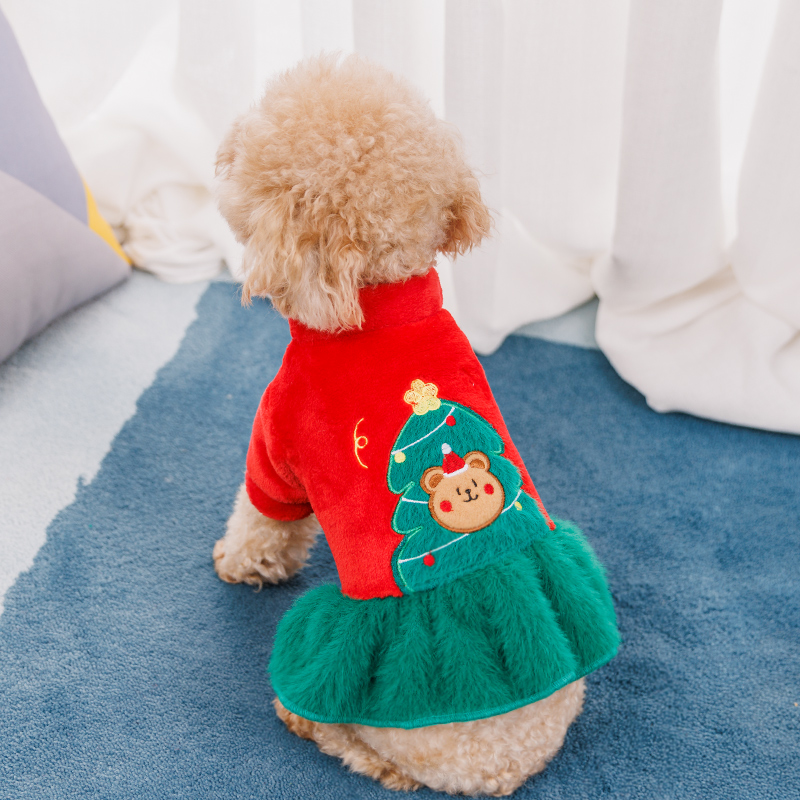 犬服 聖夜の熊さん刺繍ふわふわファー切替ワンピース