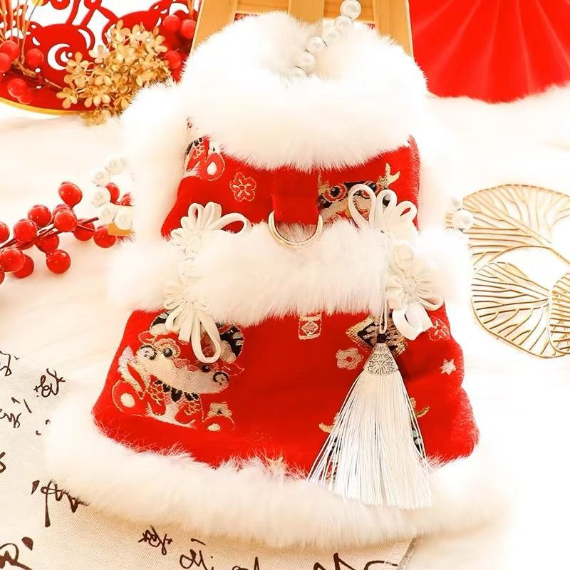 犬服 獅子舞刺繍入り和風ファー付きワンピース