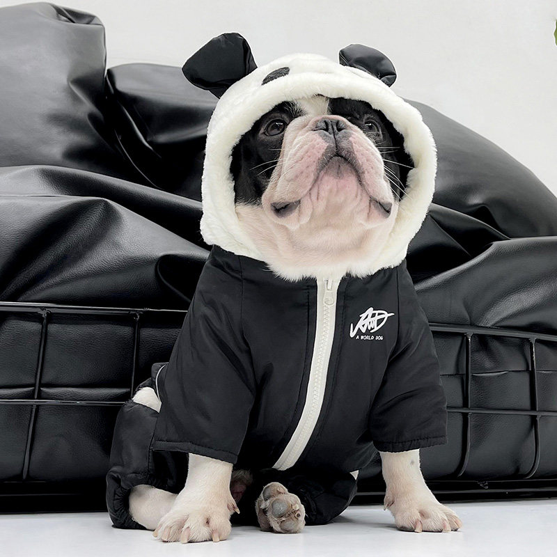 犬服 もこもこパンダ耳付き裏ボア中綿入りつなぎアウター