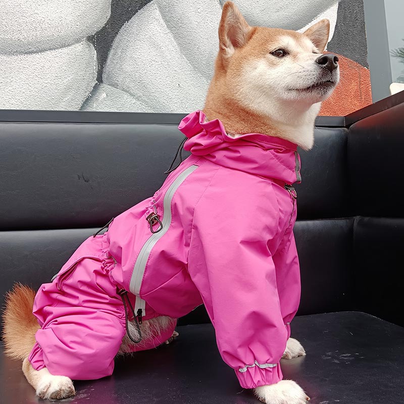 犬服 反射テープ付き四足つなぎ防水犬服レインコート