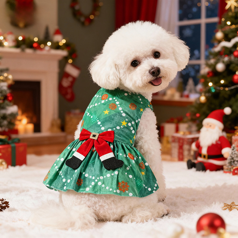 犬服 聖夜を彩る特別な日のリボン付きパーティワンピース