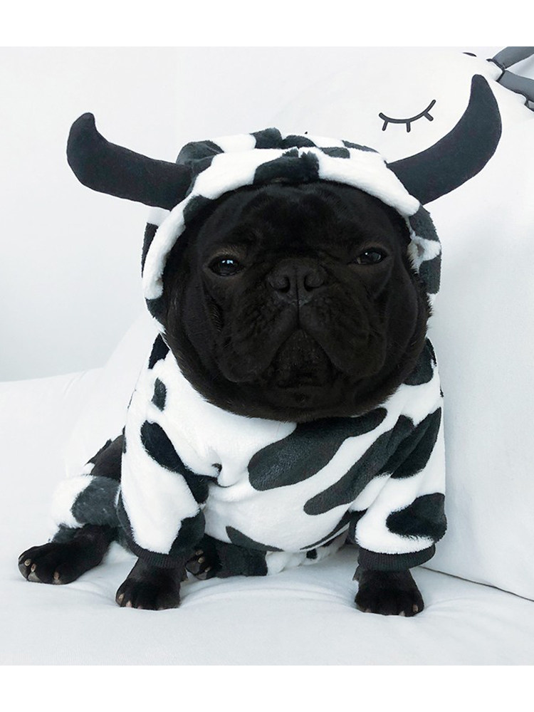 犬服 牛柄もこもこフード付き全身犬服アウター