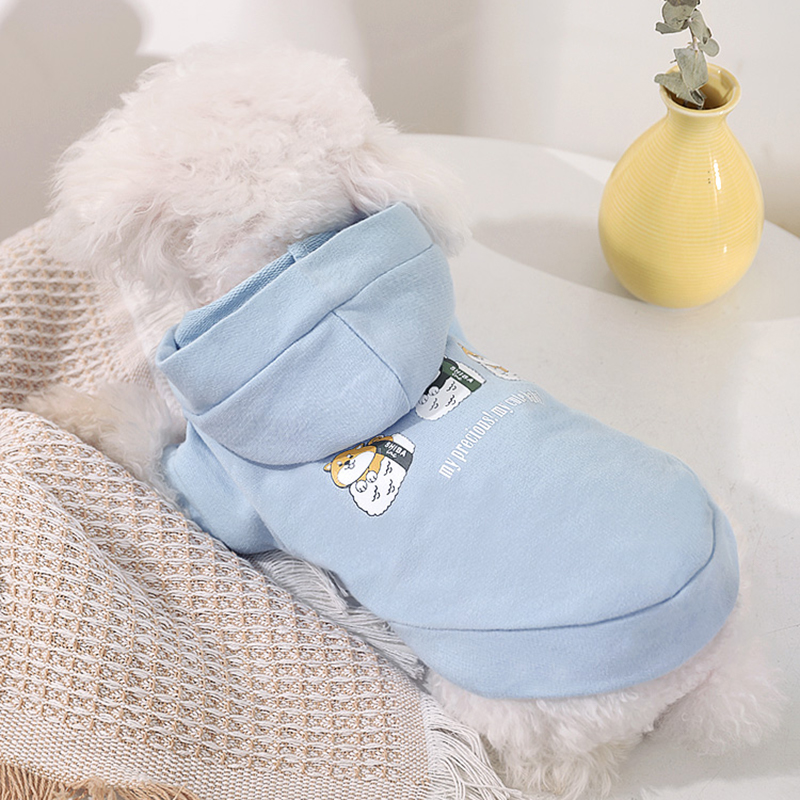 犬服 キュートな犬プリントフード付き裏毛パーカー